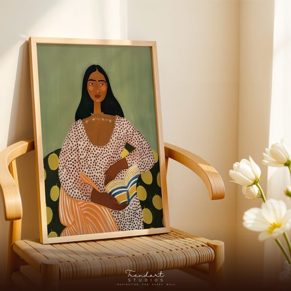Home Office Decor Writer Gift Boho Pensive Woman Art Sage Green Da00073