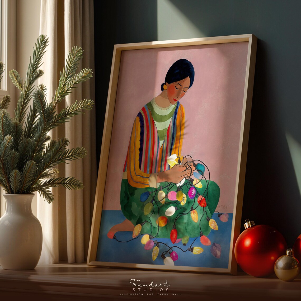 Woman Untangling Christmas Lights Cozy Holiday Decor Art Poster