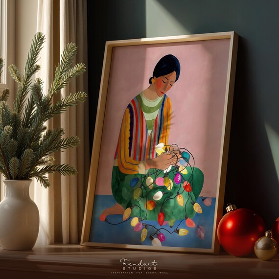Woman Untangling Christmas Lights Cozy Holiday Decor Art Poster