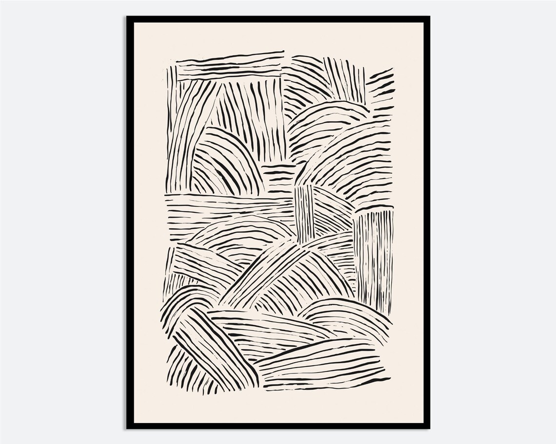 Minimalist Paint Strokes Abstract Wall Art Print Black And Beige Line Scribbles Poster Mid Century Brush Geometric Ab36