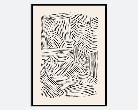 Minimalist Paint Strokes Abstract Wall Art Print Black And Beige Line Scribbles Poster Mid Century Brush Geometric Ab36