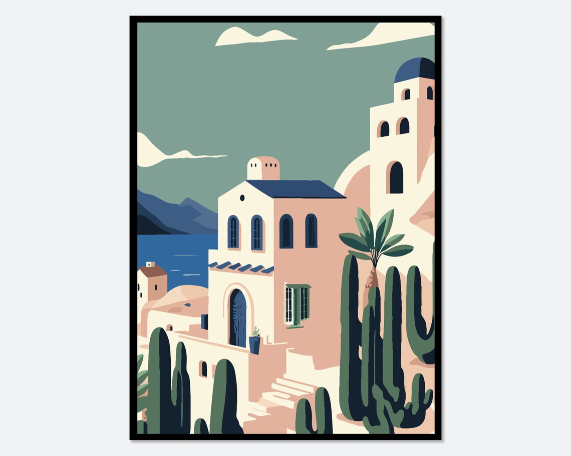 Santorini Blue Domes Cactus Village Aegean Sea Travel Art Poster