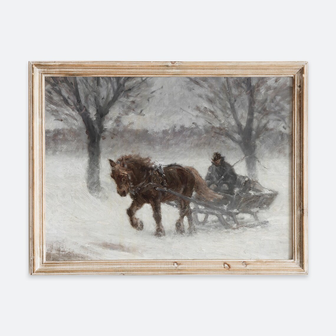 Horse Drawn Sleigh In Falling Snow Vintage Winter Landscape Poster