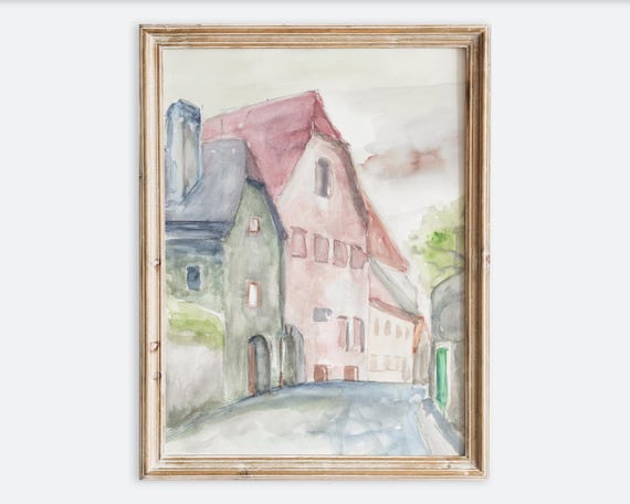 Rustic Vintage European Colorful Houses Watercolor Painting Wall Art Print Neutral Landscape Poster Antique Moody Farmhouse Decor Vp334