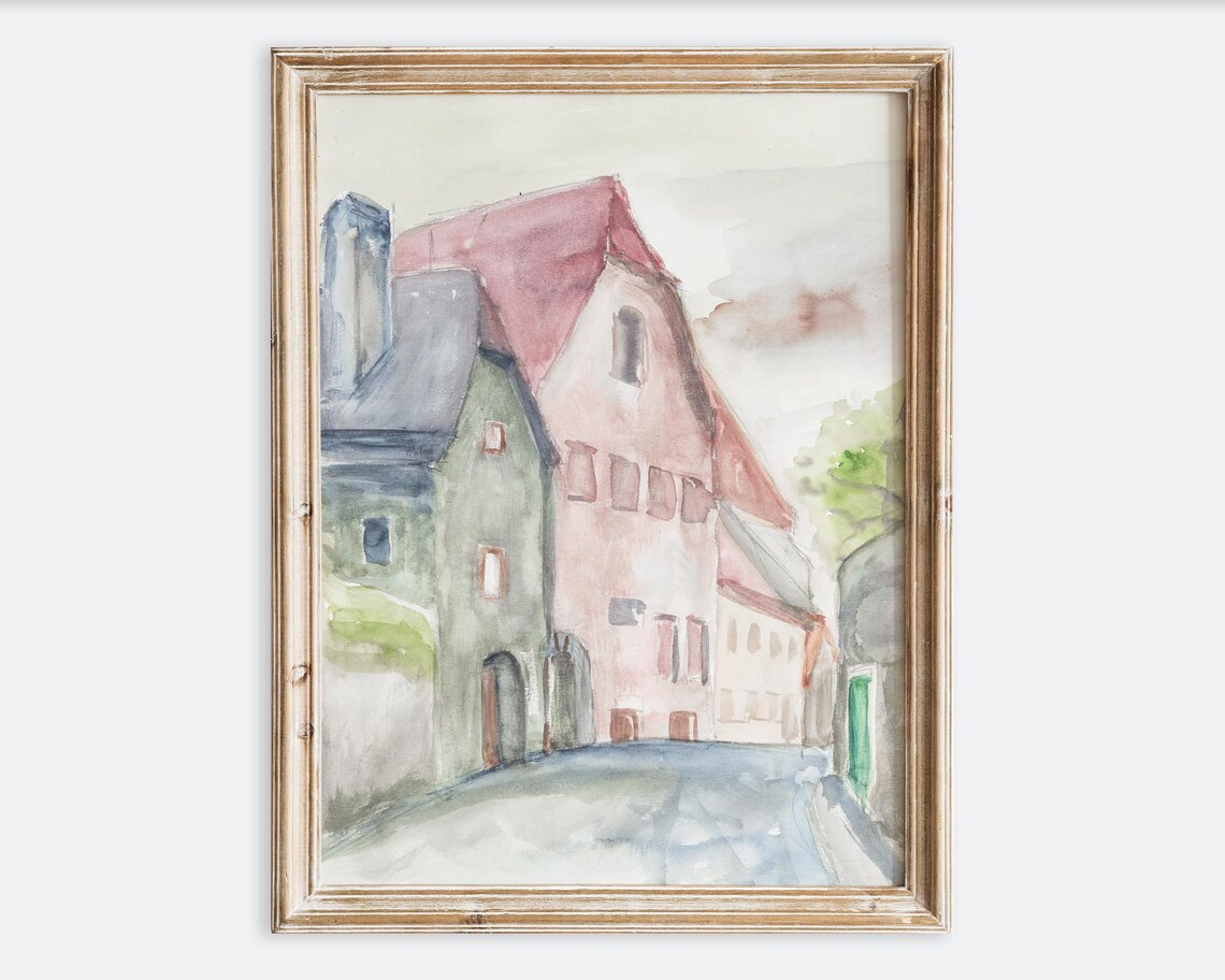 Rustic Watercolor European Old Town Houses Quiet Street Poster