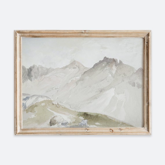Rustic Vintage European Pastel Mountain Canyon Landscape Painting Wall Art Print Neutral Muted Poster Antique Moody Farmhouse Decor Vp97