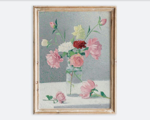 Vintage Rose Flower Bouquet Wall Art Print Antique Floral Still Life Poster Pink Botanical Vase Painting Romantic Farmhouse Decor Vp381