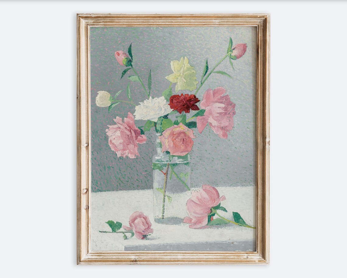 Vintage Rose Flower Bouquet Wall Art Print Antique Floral Still Life Poster Pink Botanical Vase Painting Romantic Farmhouse Decor Vp381