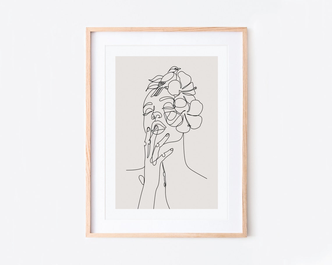 Single Line Woman Of Flowers With Bird Art Print One Drawing Face Minimalist Continuous Botanical La19