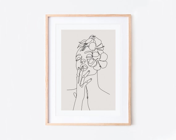 Single Line Woman Of Flowers With Bird Art Print One Drawing Face Minimalist Continuous Botanical La19