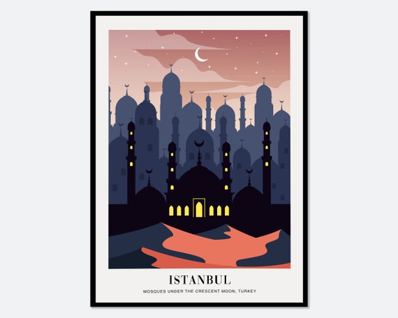 Mosques Istanbul Turkey Islamic Crescent Moon Colorful Boho Art Print Cityscape Illustration City Architecture Print Travel Poster Ta19