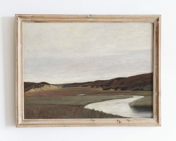 Rustic Vintage European Country River Field Oil Painting Wall Art Print Neutral Autumn Lake Landscape Poster Antique Moody Farmhouse Vp31