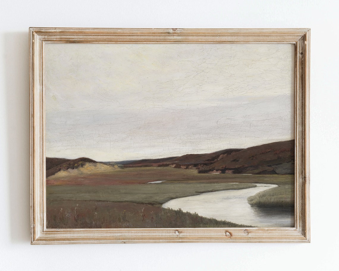 Rustic Vintage European Country River Field Oil Painting Wall Art Print Neutral Autumn Lake Landscape Poster Antique Moody Farmhouse Vp31