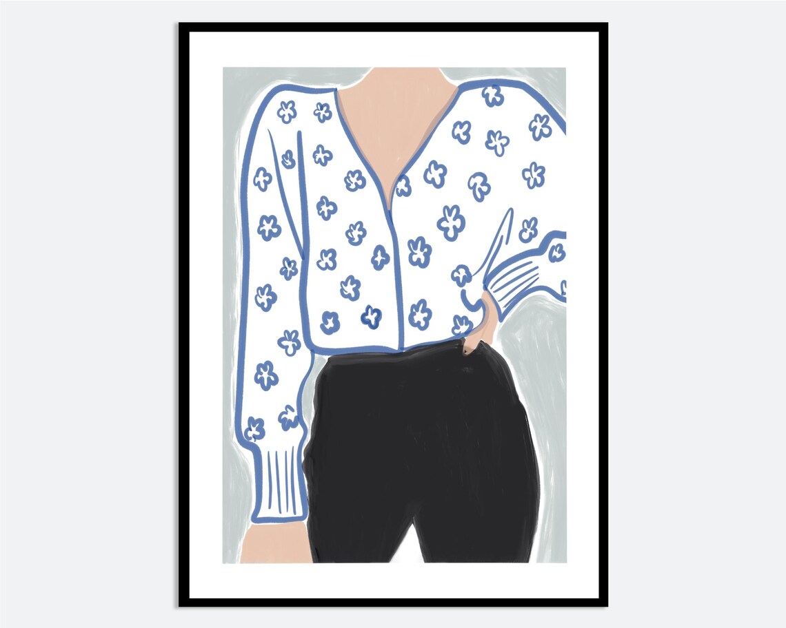 Floral Blouse Fashion Illustration Blue White Woman Outfit Wall Art