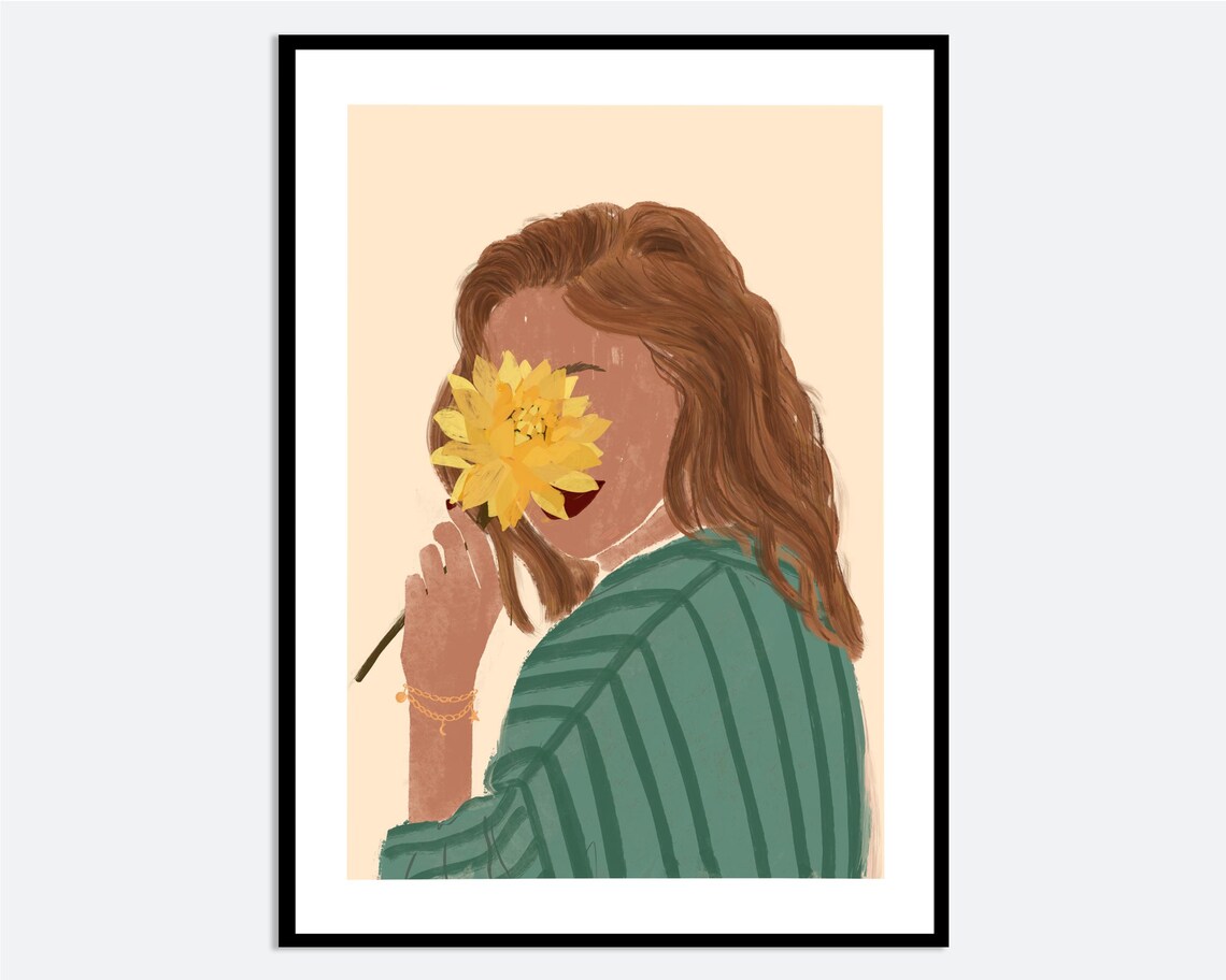 Girl Holding Yellow Flower Over Face Floral Portrait Art Poster