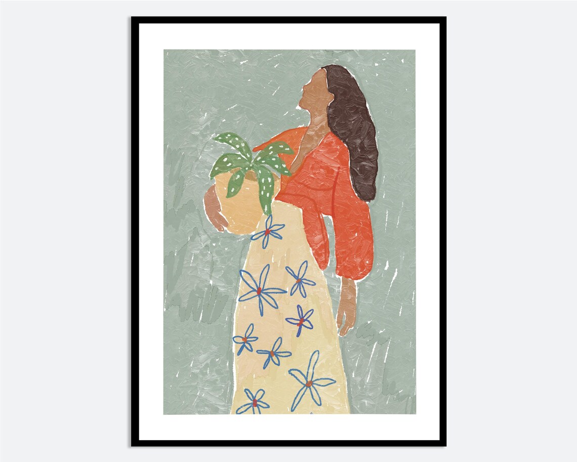 Colorful Woman Holding Plant Hand Drawn Modern Botanical Art Print
