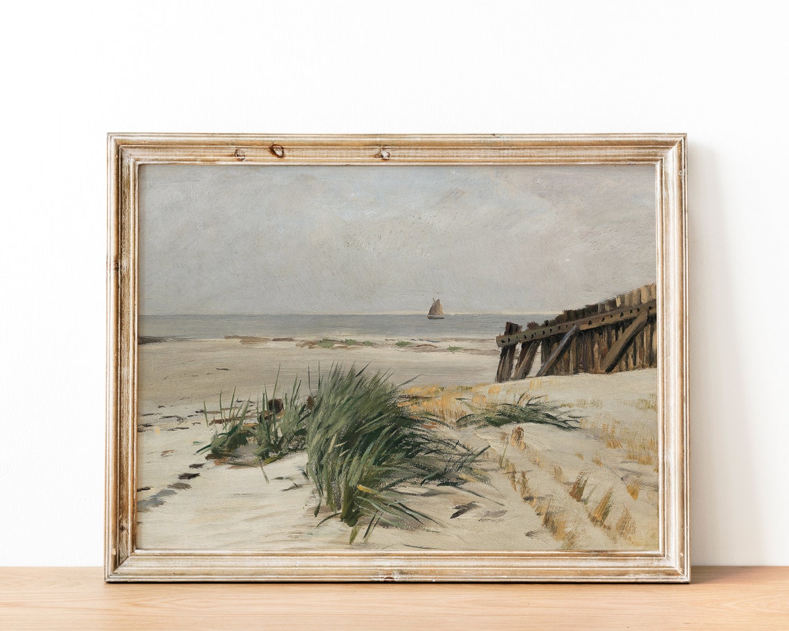 Vintage European Rustic Tropical Coastal Ocean Muted Beach Oil Painting Landscape Seascape Poster Mute Antique Moody Farmhouse Print Vp95
