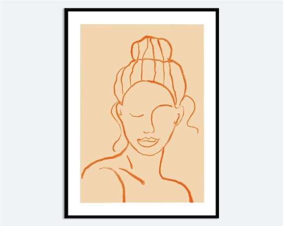 Minimalist Orange Line Woman Portrait Bun Hair Abstract Face Poster
