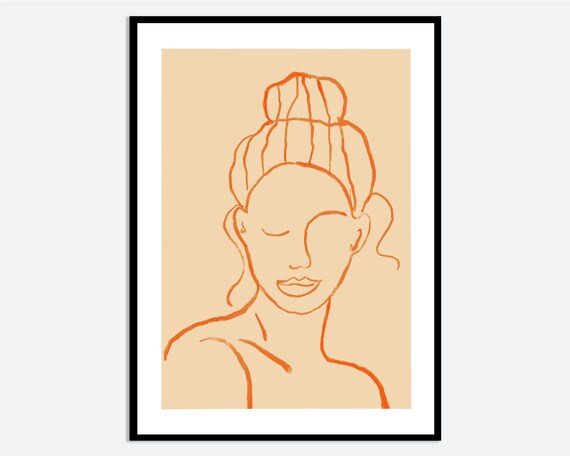 Minimalist Orange Woman Portrait Wall Art Print Hand Drawn Contemporary Line Drawing Modern Girl Poster For Neutral Decor Ma147