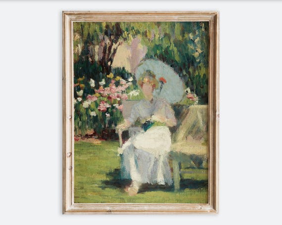 Vintage Girl In Dress Sitting Spring Flower Garden Portrait Painting Wall Art Print Colorful Moody Farmhouse Rustic Woman Poster Vp359