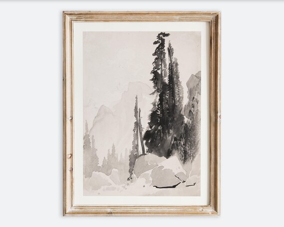 Vintage Monochrome Mountain Pine Trees Antique Landscape Poster