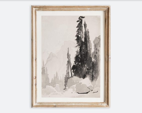 Vintage Mountain Landscape Wall Art Print Antique Yosemite Painting Poster Rustic Black And White Nature Moody Cabin Decor Vp306