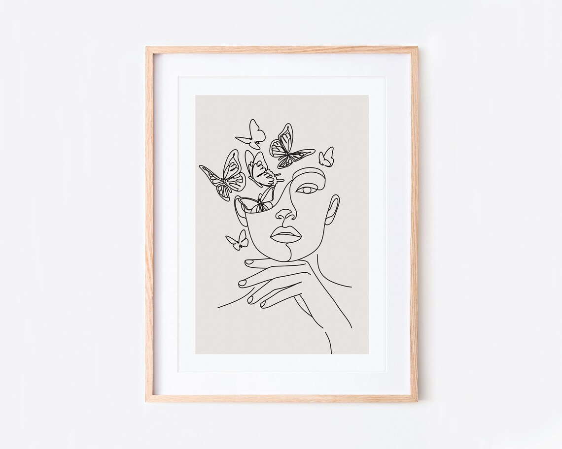 Single Line Woman Of Butterflies, Minimalist Art Print