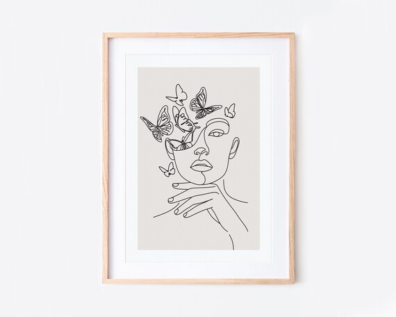 Single Line Woman Of Butterflies, Minimalist Art Print
