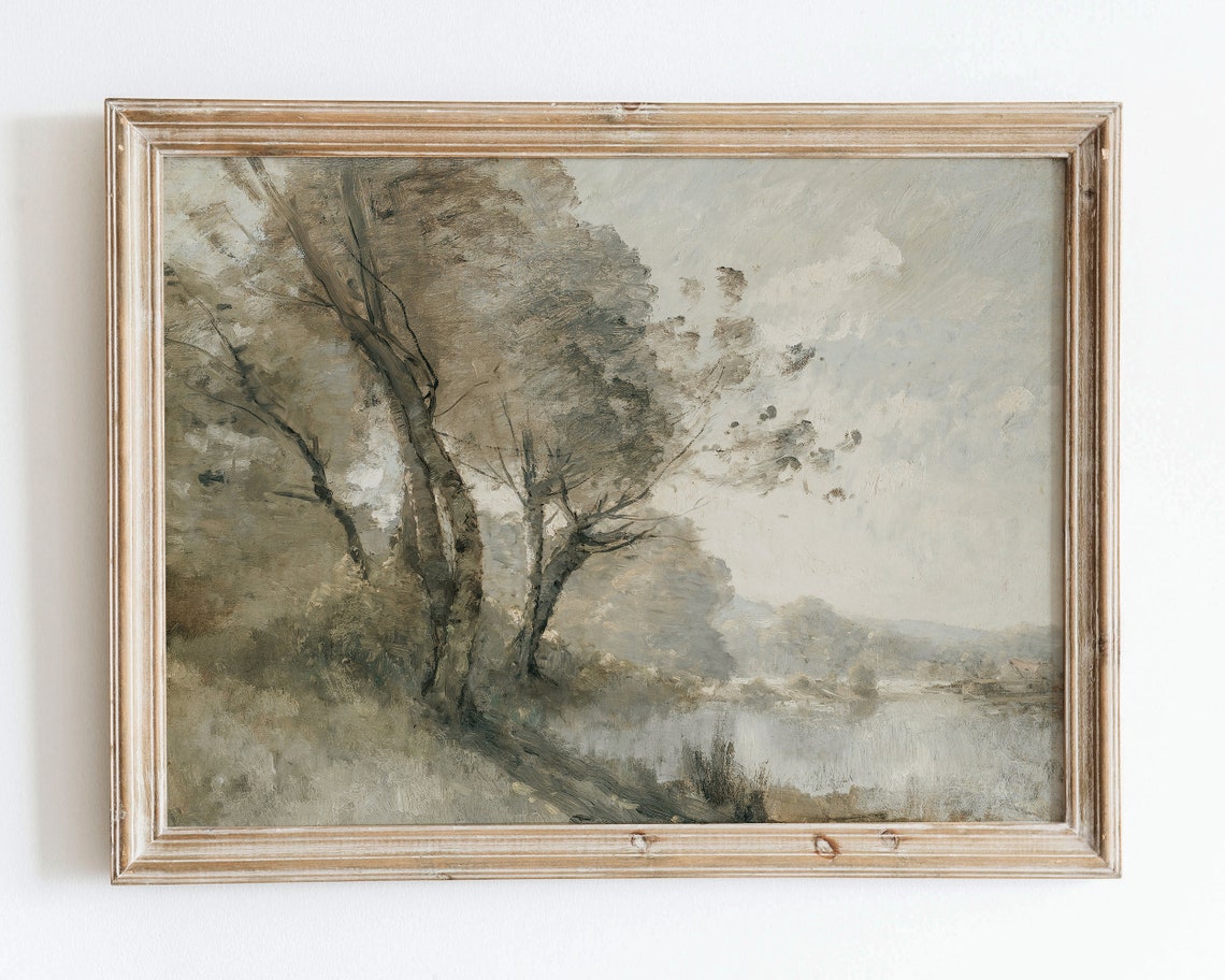 Rustic Vintage European Country Lake Trees Oil Painting Art Print Neutral Autumn Pond Forest Landscape Poster Antique Moody Farmhouse Vp34