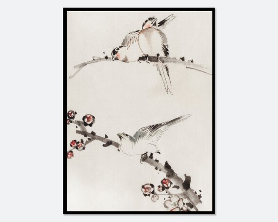 Katsushika Hokusai Three Birds Perched On Branches One With Blossoms Vintage Japanese Woodblock Art Print Japanese Poster Kt07
