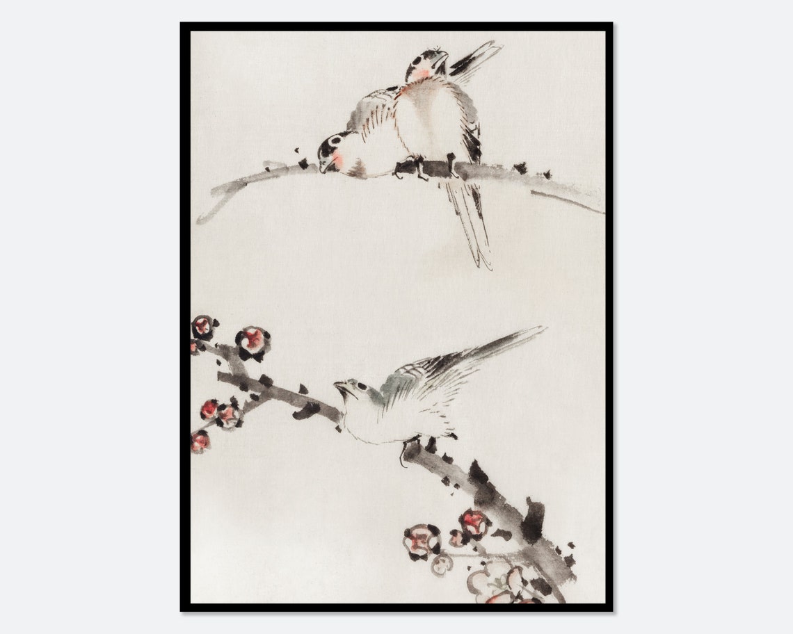 Katsushika Hokusai Birds on Plum Branch Vintage Ink Art Poster