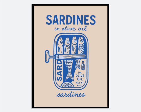 Sardines Kitchen Wall Art Print Hand Drawn Retro Food Poster Blue Tin Can Illustration Modern Coastal Decor Bold Graphic Fish Ma171