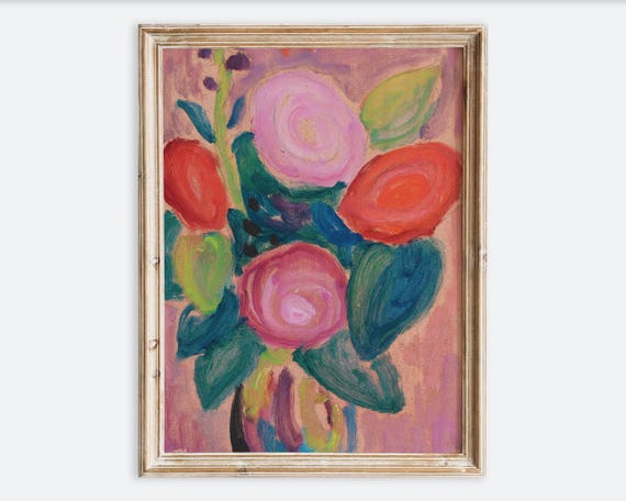 Vintage Bouquet Of Flowers In Vase Still Life Wall Art Print Colorful Rustic Botanical Floral Painting Antique Moody Farmhouse Poster Vp390