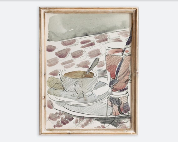 Vintage Coffee Cup Watercolor Sketch Cafe Kitchen Still Life Print