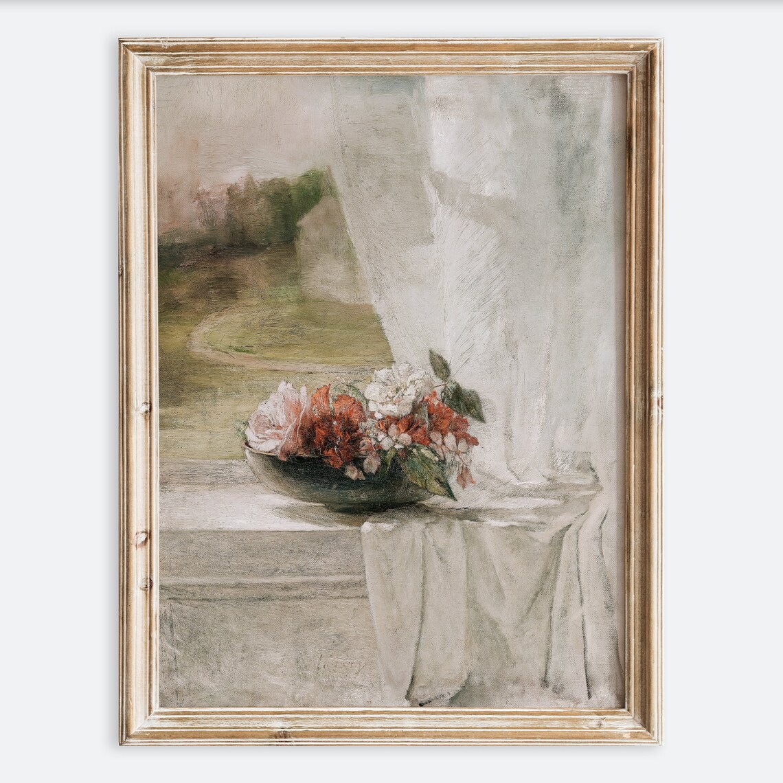 European Vintage Flowers in Vase, Rustic Art Print
