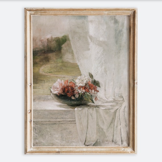 European Vintage Flowers in Vase, Rustic Art Print