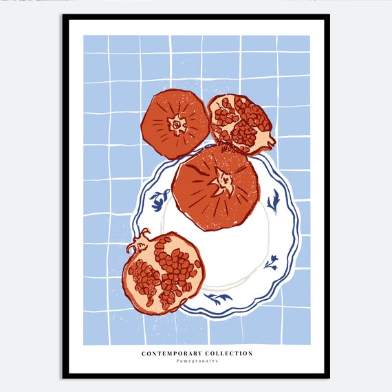 Pomegranate Fruits Geometric Kitchen Wall Art Print Colorful Fruit Market Minimalistic Dining Room Hand Drawn Illustration Ma07