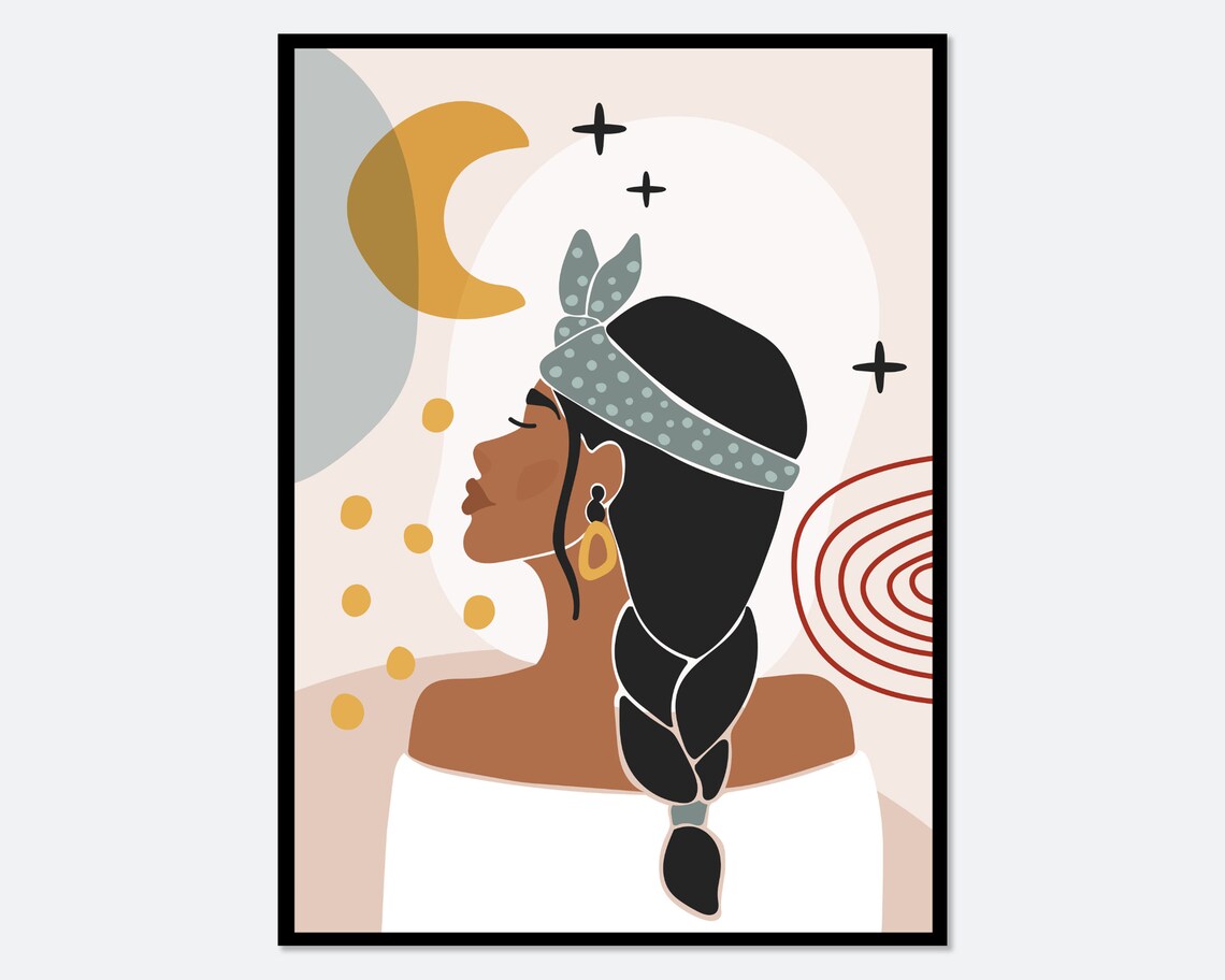 Boho Eclectic Portrait Of Woman Moon, Art Print
