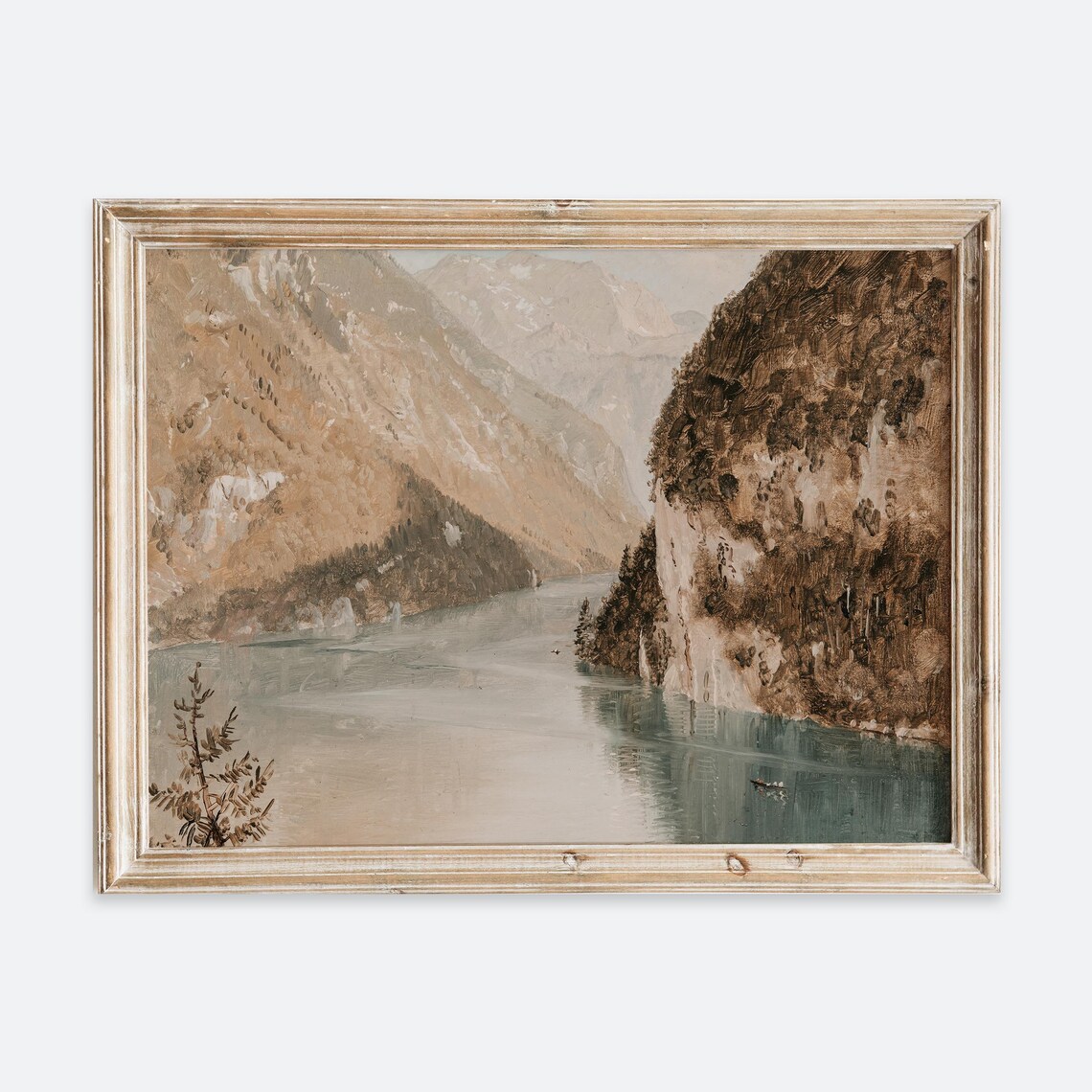 Vintage Autumn Lake Landscape Oil Painting Muted Mountain Fjord Wall Art