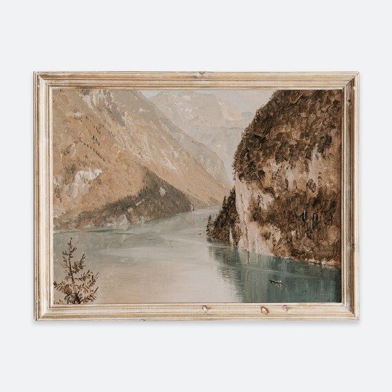 Vintage Autumn Lake Landscape Oil Painting Muted Mountain Fjord Wall Art