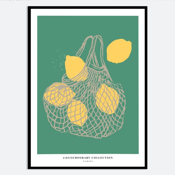 Lemons In Net Aesthetic Kitchen Wall Art Print Colorful Fruit Market Minimalistic Dining Room Art Green Hand Drawn Illustration Ma13