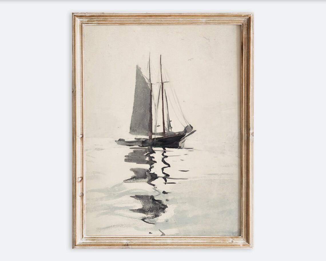 Vintage Sailboat Ink Sketch Minimalist Nautical Ocean Art Print