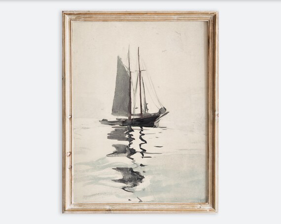 Vintage Sailboat Ink Sketch Minimalist Nautical Ocean Art Print