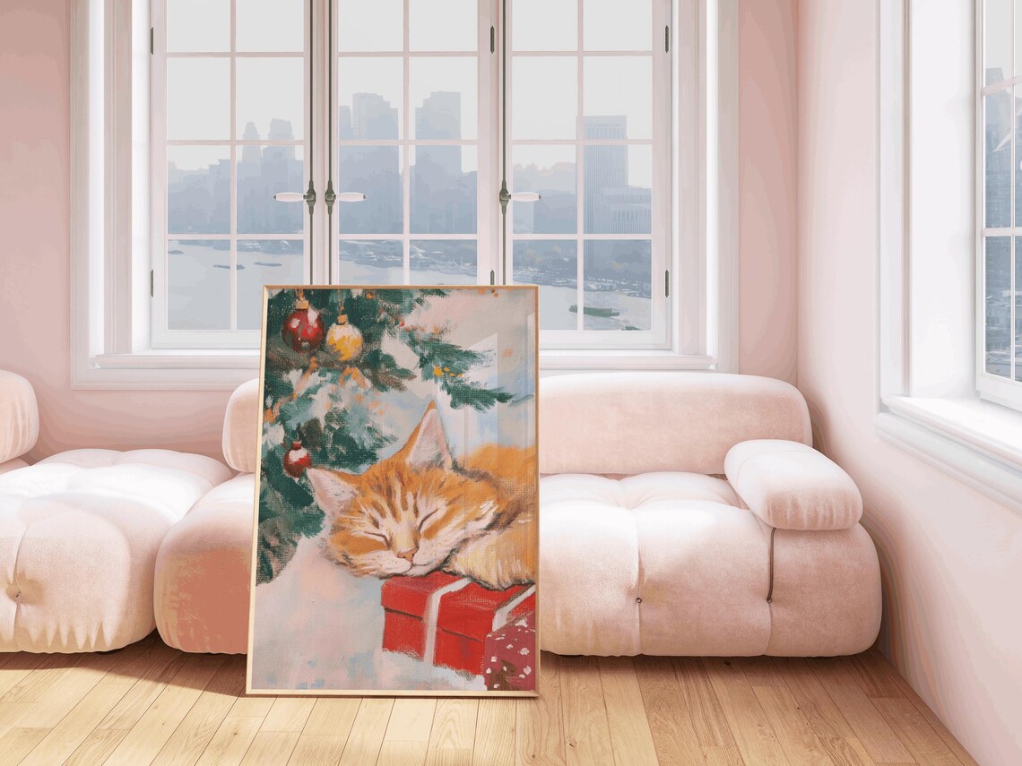 Ginger Tabby Cat Christmas Cat Painting Art Print