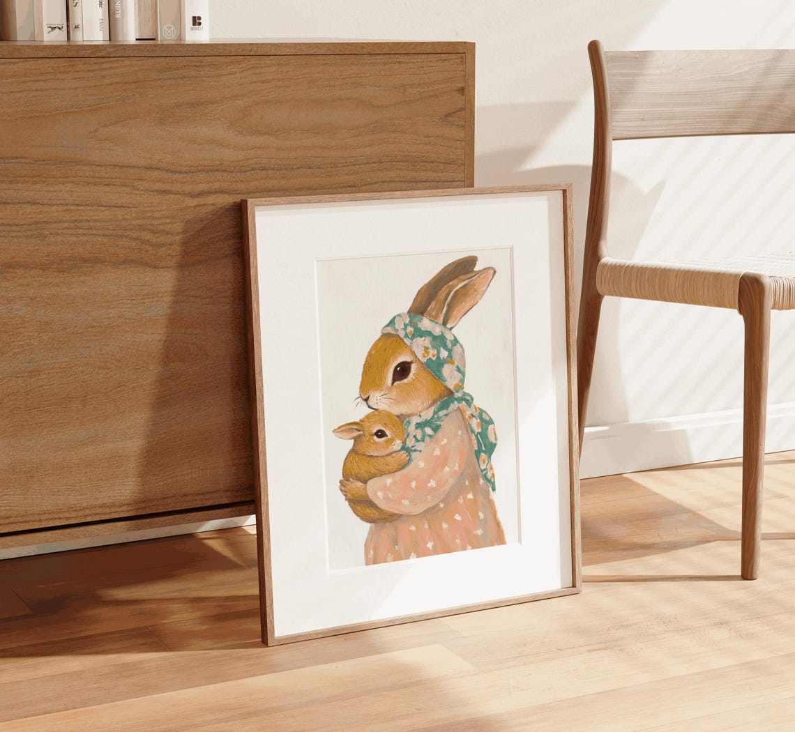 Rabbit Mother Hugging Baby Bunny Nursery Floral Watercolor Wall Art