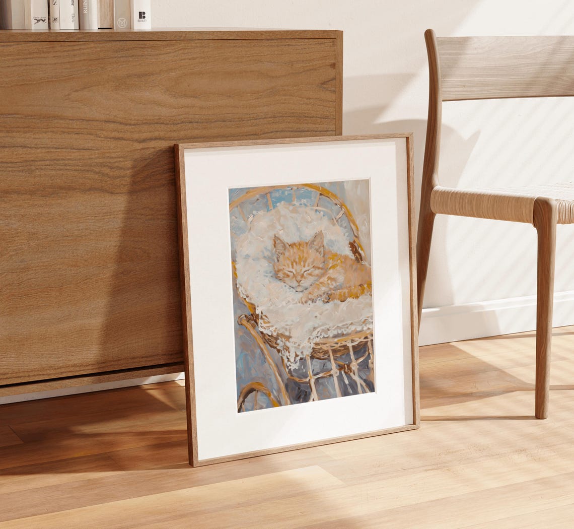 Ginger Kitten Sleeping in Wicker Pram Cottagecore Cat Art Print - Image 2