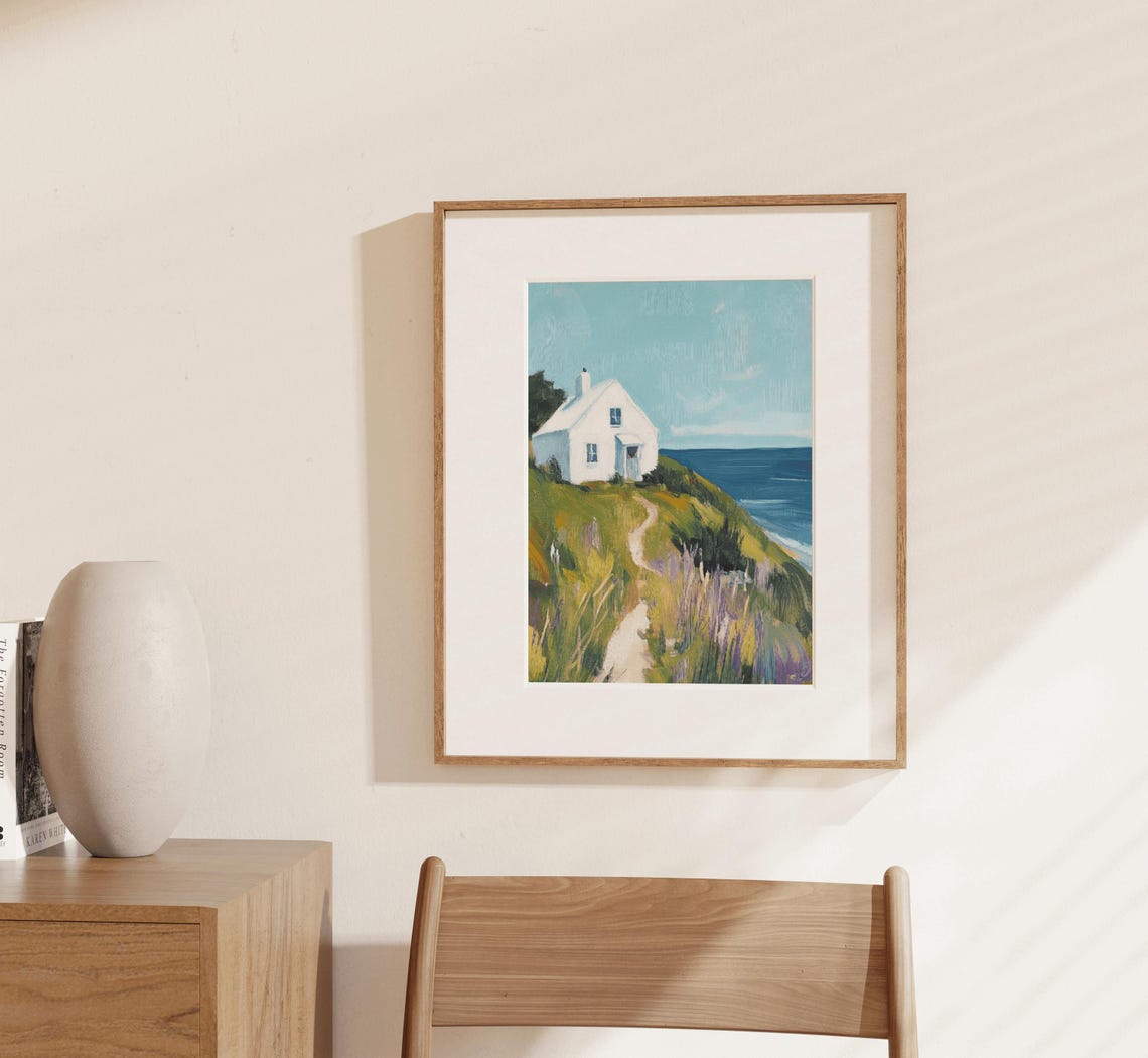 White Beach House On Cliff Path Painting Coastal Ocean Art Poster - Image 2
