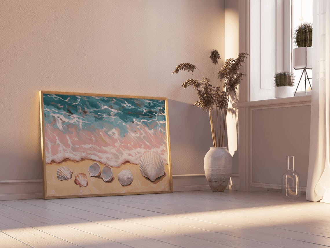 Seashells On Golden Beach Painting Turquoise Ocean Waves Poster