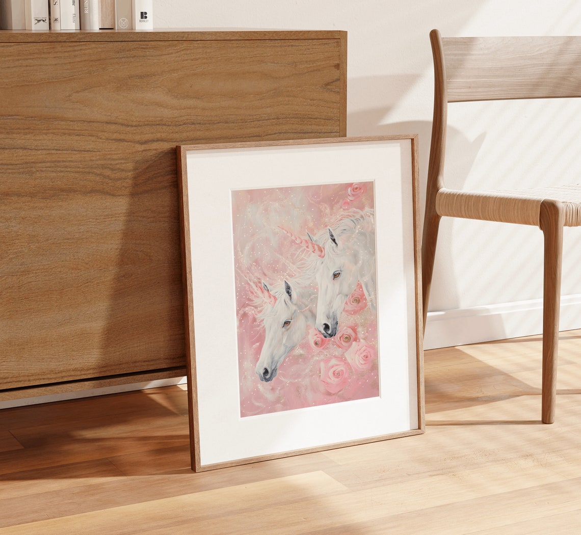 Two Sparkling White Unicorns with Pink Roses Fantasy Art Print - Image 4