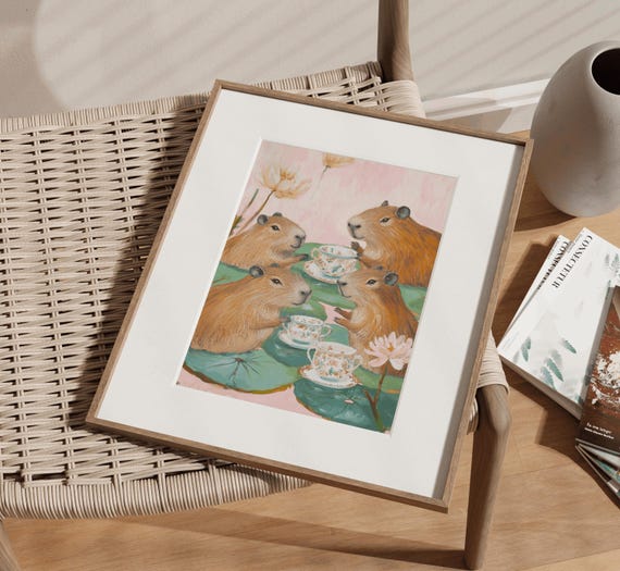 Capybara Tea Party Capybara Lover Capybara Art Cottagecore Art Whimsical Girls Rooms Art Farmhouse Decor Nursery Capybara Wall Art